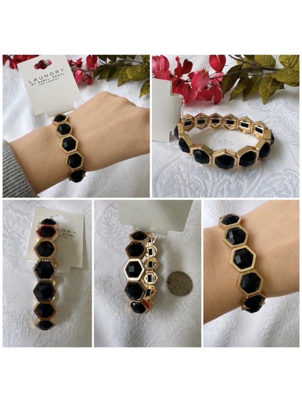 Laundry Shelli Segal Stretch Black Gold Bead Rhinestone Bracelet NWT NEW